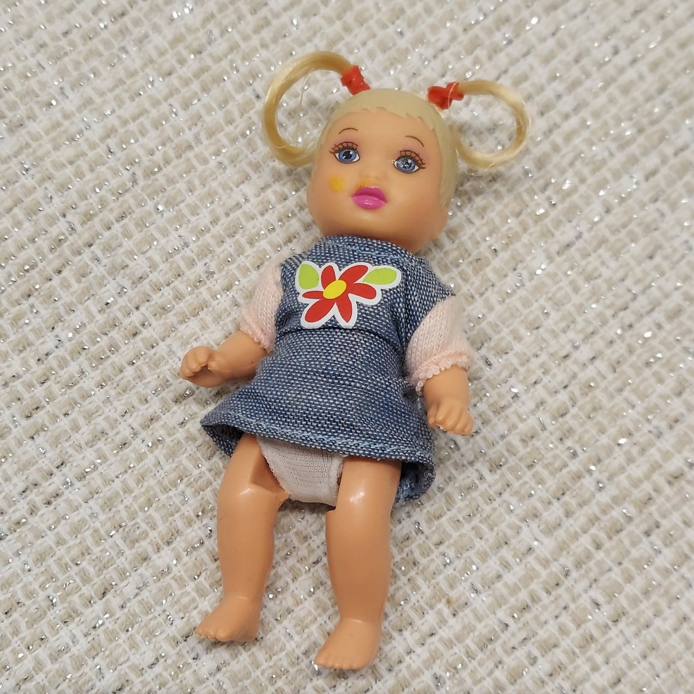 Vintage 2003 Mattel Mini Baby Doll Blonde Pigtails Blue Denim Flower Dress 2.5in